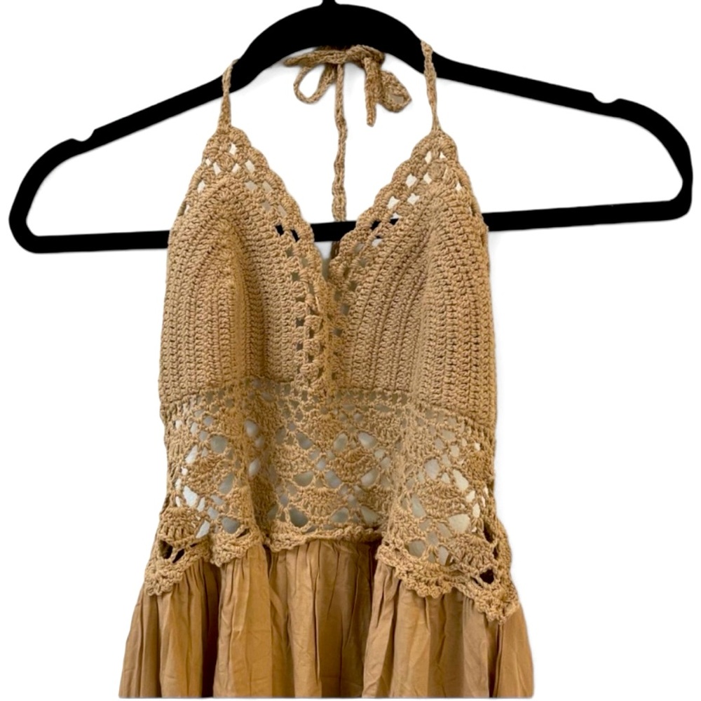 LIL Better tan crocheted bohemian halter style maxi long beach backless …